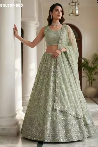 Light green zari and sequin embroidered net lehenga set