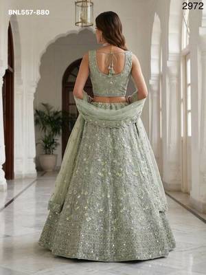Light green zari and sequin embroidered net lehenga set 4