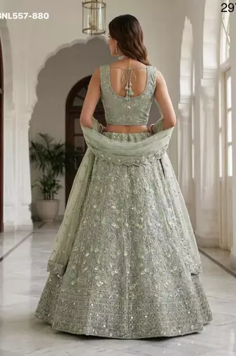 Light green zari and sequin embroidered net lehenga set
