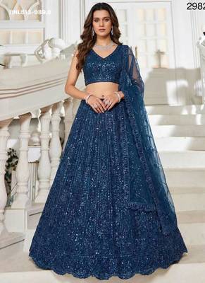 Teal blue sequin thread embroidered net lehenga set 1