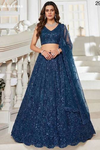 Teal blue sequin thread embroidered net lehenga set