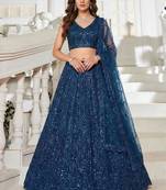 Teal blue sequin thread embroidered net lehenga set