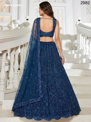 Teal blue sequin thread embroidered net lehenga set 3