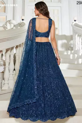 Teal blue sequin thread embroidered net lehenga set