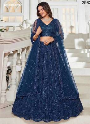 Teal blue sequin thread embroidered net lehenga set 4
