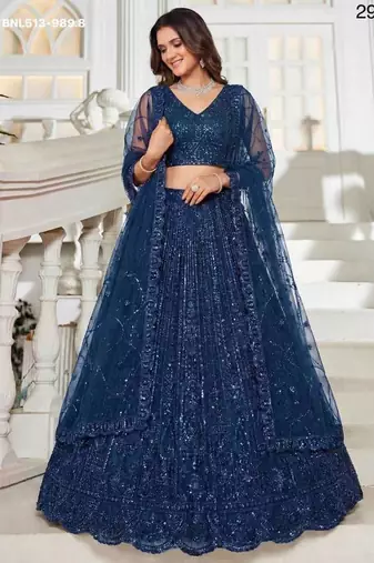 Teal blue sequin thread embroidered net lehenga set
