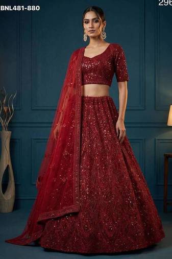 Maroon heavy sequins work thread embroidered net lehenga