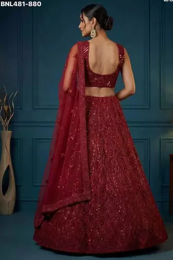 Maroon heavy sequins work thread embroidered net lehenga