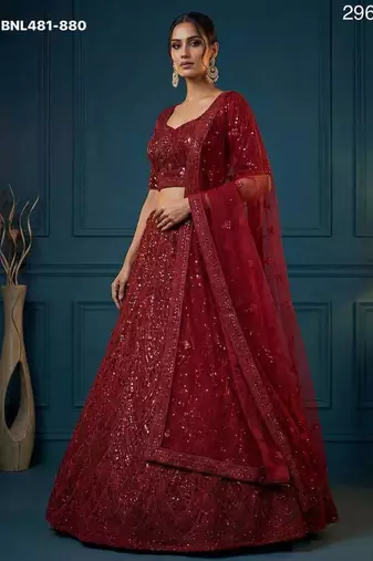 Maroon heavy sequins work thread embroidered net lehenga