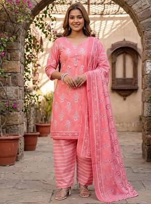 Peach printed cotton blend stitched floral print salwar kurta dupatta for women 1