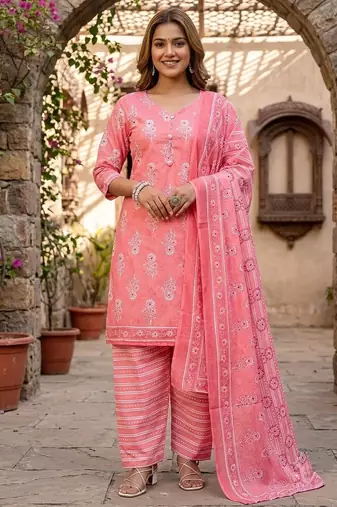 Peach printed cotton blend stitched floral print salwar kurta dupatta for women