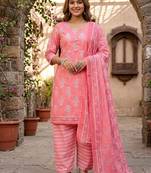 Peach printed cotton blend stitched floral print salwar kurta dupatta for women