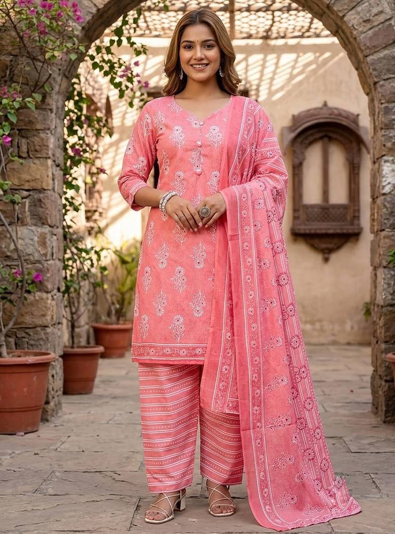 Peach printed cotton blend stitched floral print salwar kurta dupatta for women