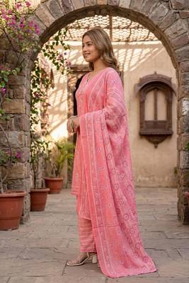 Peach printed cotton blend stitched floral print salwar kurta dupatta for women 2