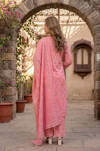 Peach printed cotton blend stitched floral print salwar kurta dupatta for women