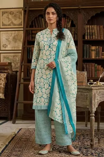 Teal printed cotton blend stitched abstract print salwar kurta dupatta for women