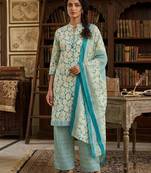 Teal printed cotton blend stitched abstract print salwar kurta dupatta for women