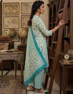 Teal printed cotton blend stitched abstract print salwar kurta dupatta for women 2