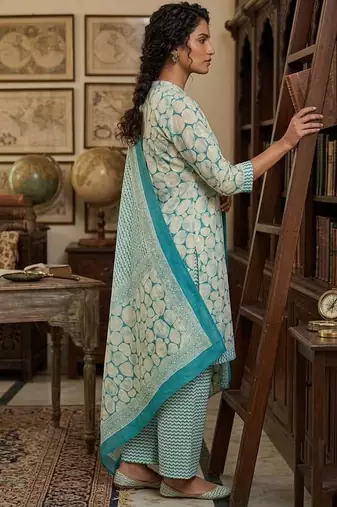Teal printed cotton blend stitched abstract print salwar kurta dupatta for women