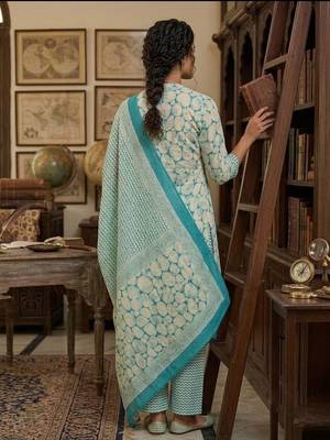 Teal printed cotton blend stitched abstract print salwar kurta dupatta for women 3