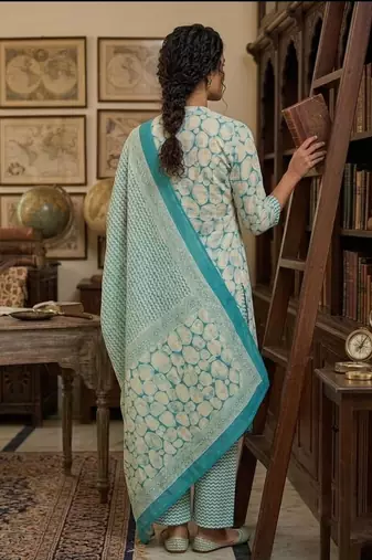 Teal printed cotton blend stitched abstract print salwar kurta dupatta for women
