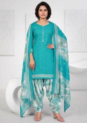 Blue printed cotton blend stitched geometric print salwar kurta dupatta for women 1