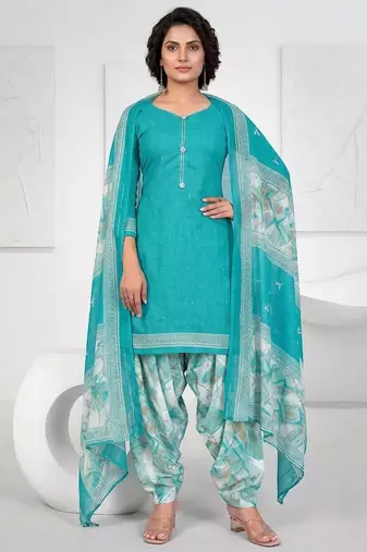 Blue printed cotton blend stitched geometric print salwar kurta dupatta for women