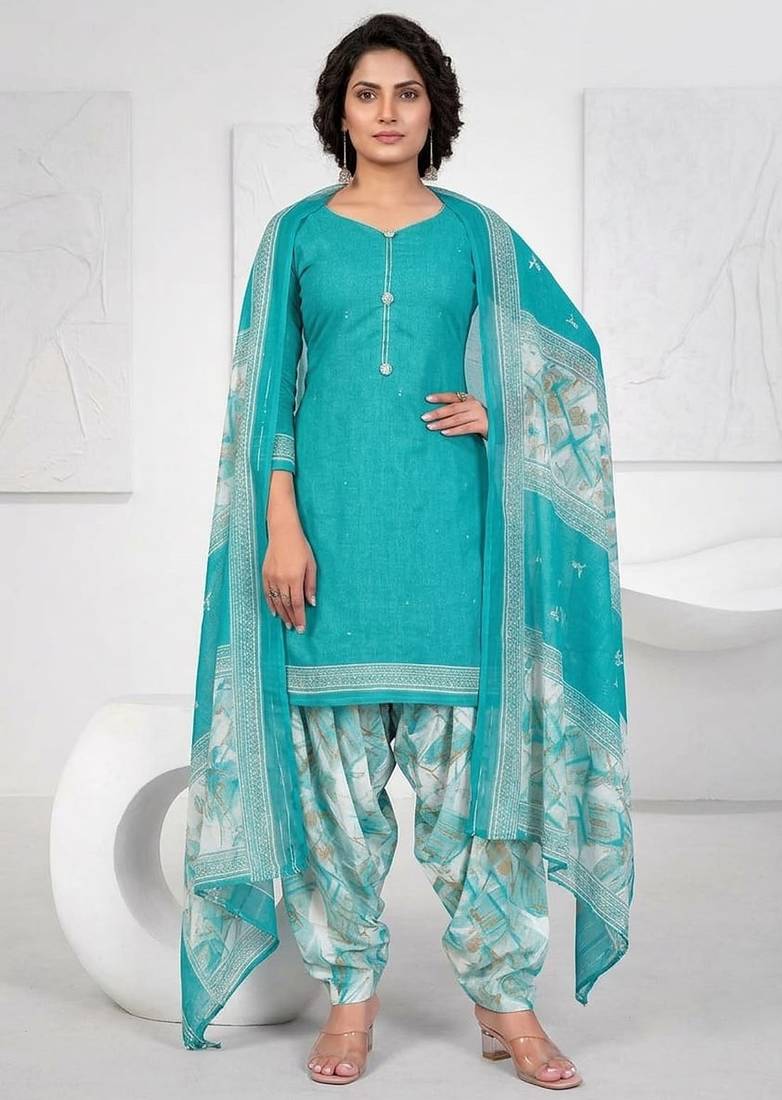 Blue printed cotton blend stitched geometric print salwar kurta dupatta for women