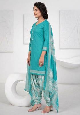 Blue printed cotton blend stitched geometric print salwar kurta dupatta for women 2