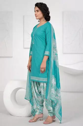 Blue printed cotton blend stitched geometric print salwar kurta dupatta for women
