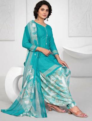 Blue printed cotton blend stitched geometric print salwar kurta dupatta for women 3