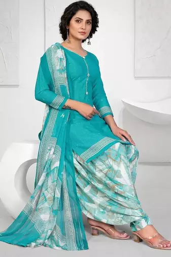 Blue printed cotton blend stitched geometric print salwar kurta dupatta for women