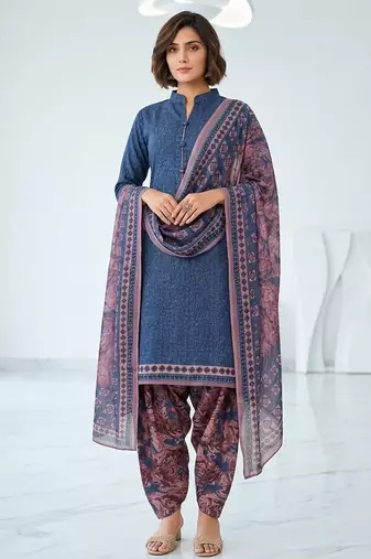 Blue printed cotton blend stitched floral print salwar kurta dupatta for women