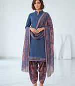 Blue printed cotton blend stitched floral print salwar kurta dupatta for women