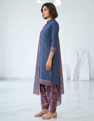 Blue printed cotton blend stitched floral print salwar kurta dupatta for women 2