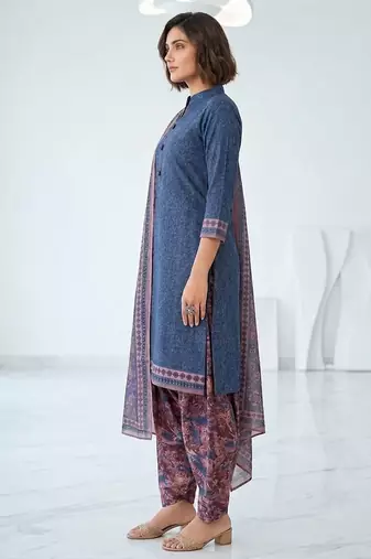 Blue printed cotton blend stitched floral print salwar kurta dupatta for women