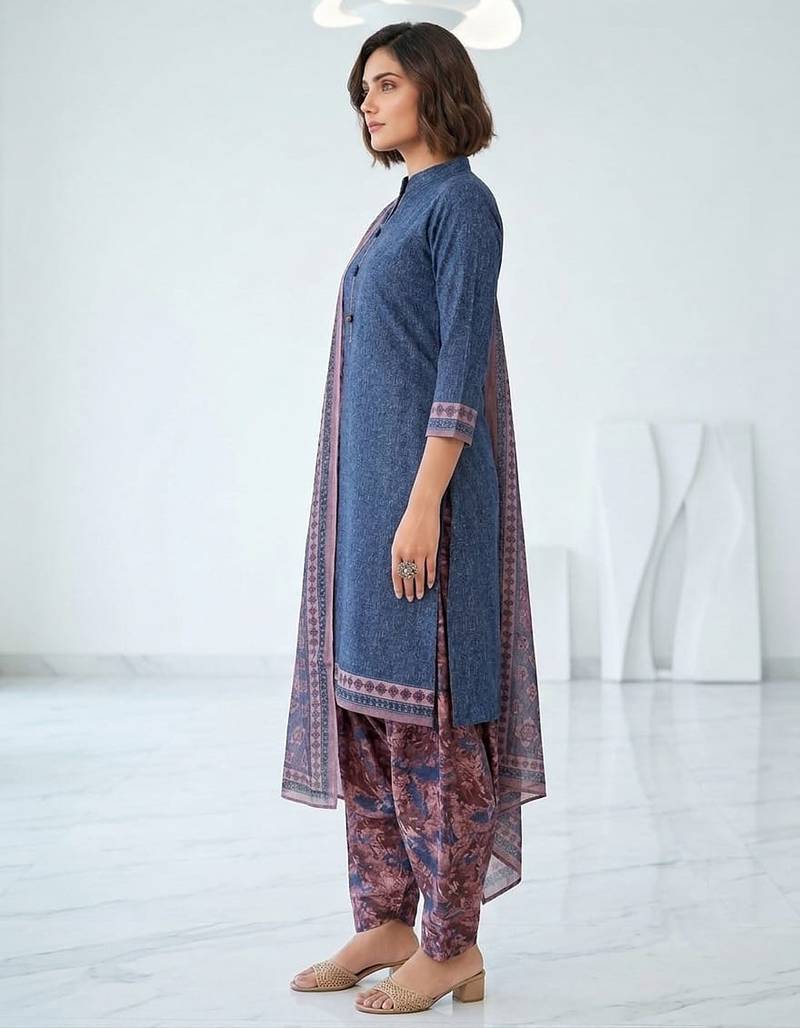 Blue printed cotton blend stitched floral print salwar kurta dupatta for women