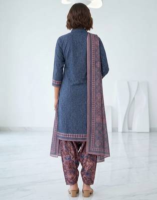 Blue printed cotton blend stitched floral print salwar kurta dupatta for women 3