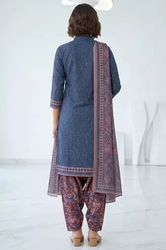 Blue printed cotton blend stitched floral print salwar kurta dupatta for women