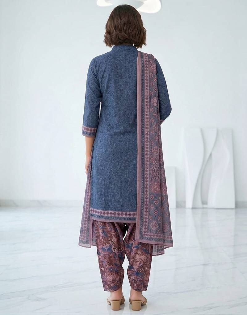 Blue printed cotton blend stitched floral print salwar kurta dupatta for women