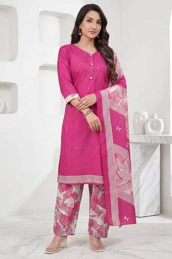 Pink printed cotton blend stitched geometric print salwar kurta dupatta for women