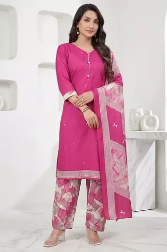 Pink printed cotton blend stitched geometric print salwar kurta dupatta for women