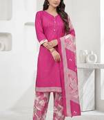 Pink printed cotton blend stitched geometric print salwar kurta dupatta for women