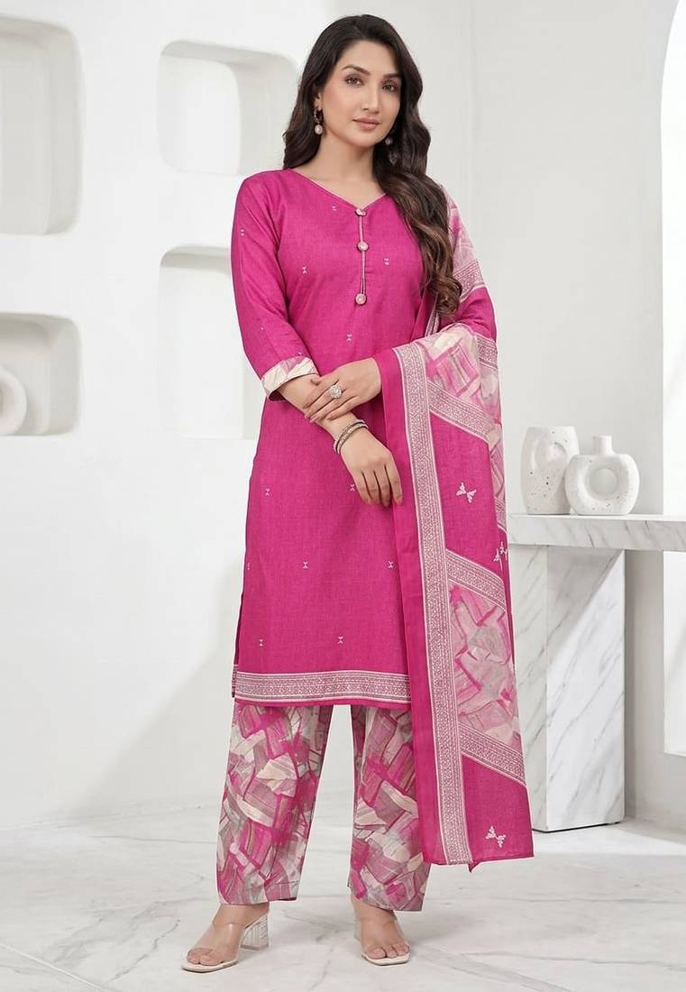 Pink printed cotton blend stitched geometric print salwar kurta dupatta for women