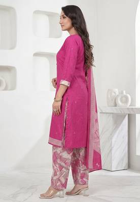 Pink printed cotton blend stitched geometric print salwar kurta dupatta for women 2