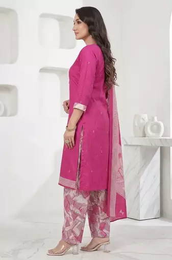 Pink printed cotton blend stitched geometric print salwar kurta dupatta for women