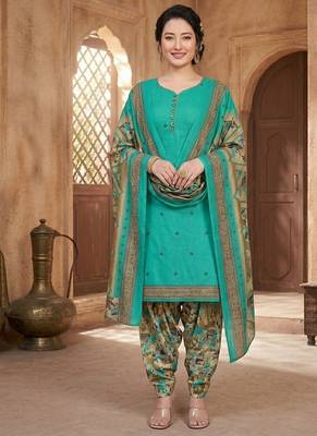 Teal printed cotton blend stitched floral print salwar kurta dupatta for women 1