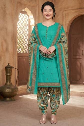 Teal printed cotton blend stitched floral print salwar kurta dupatta for women
