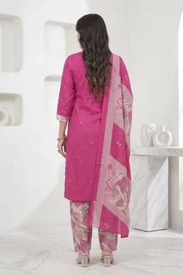Pink printed cotton blend stitched geometric print salwar kurta dupatta for women 3