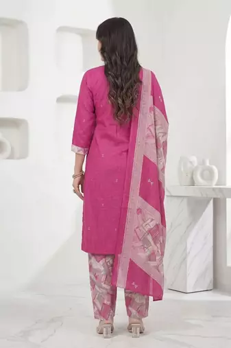 Pink printed cotton blend stitched geometric print salwar kurta dupatta for women